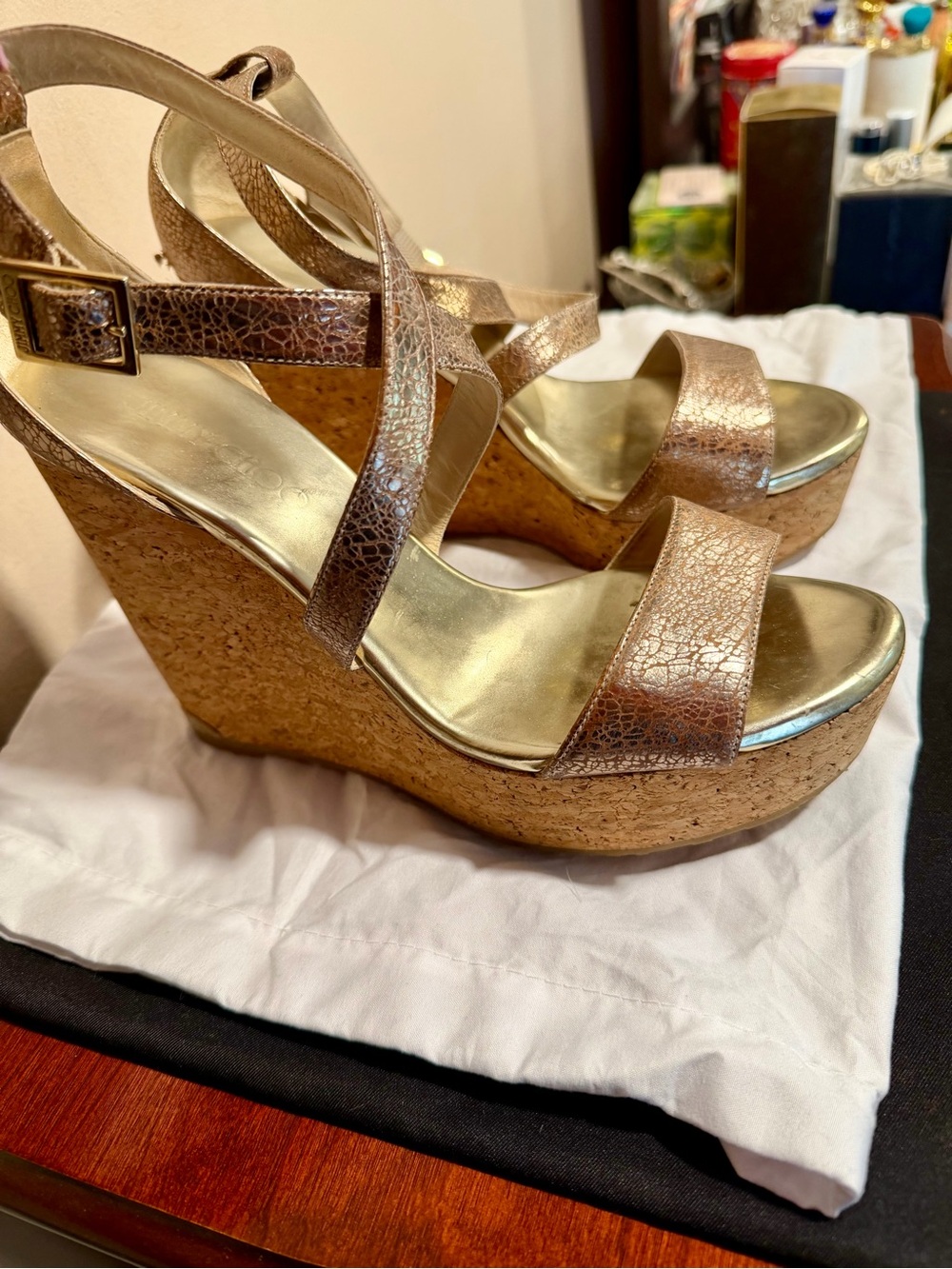 Jimmy Choo Metallic Gold Cork Wedge Sandals
